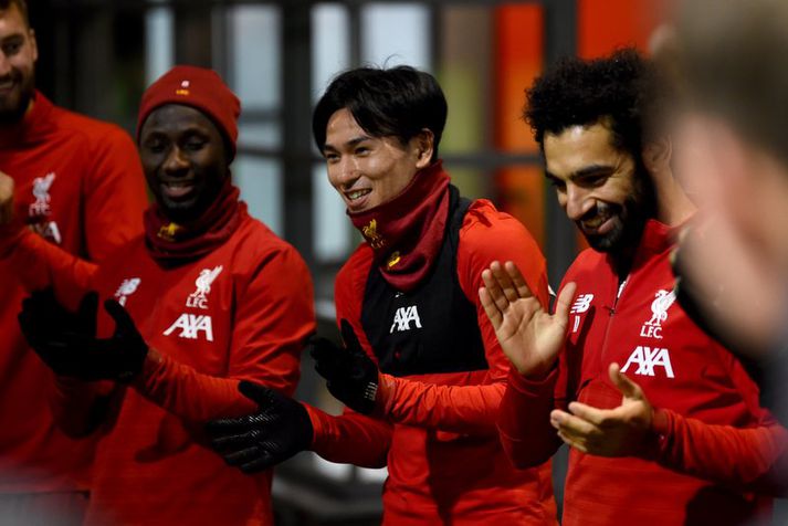 Takumi Minamino á fyrstu æfingunni með Liverpool.