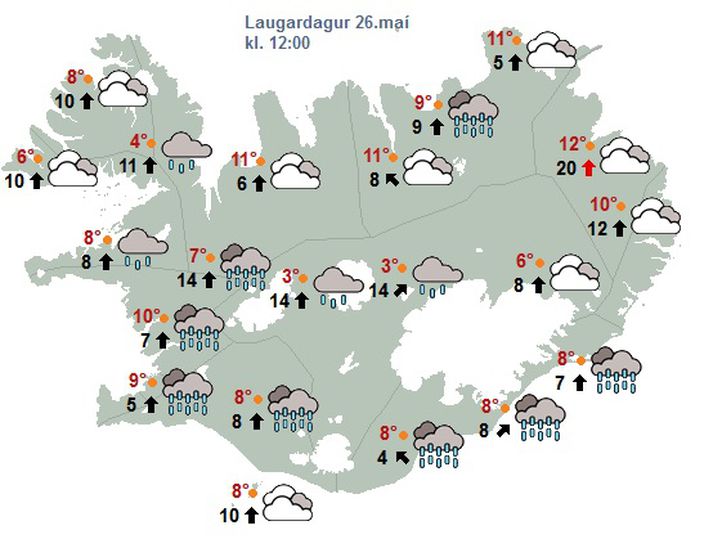 Spákort fyrir hádegið á morgun, kjördag. Það verður rigning víða um land.