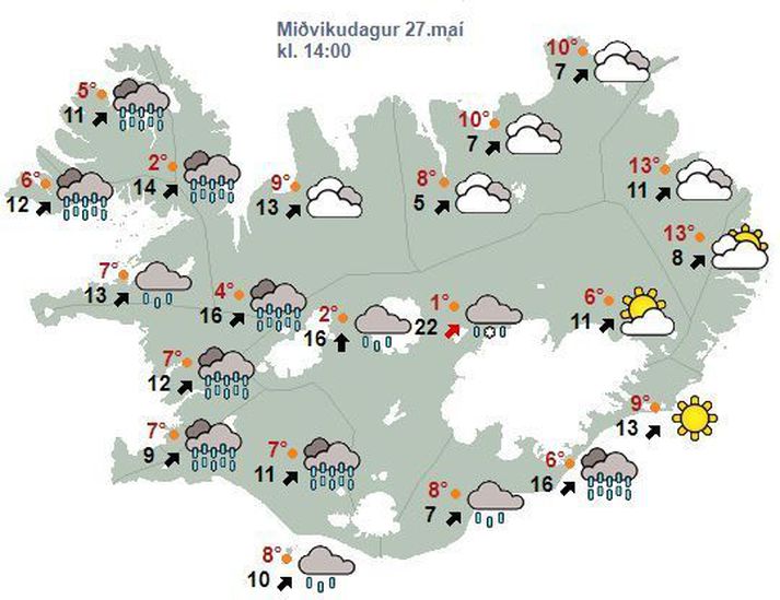 Spáð er vætu bæði sunnan- og vestantil í dag.