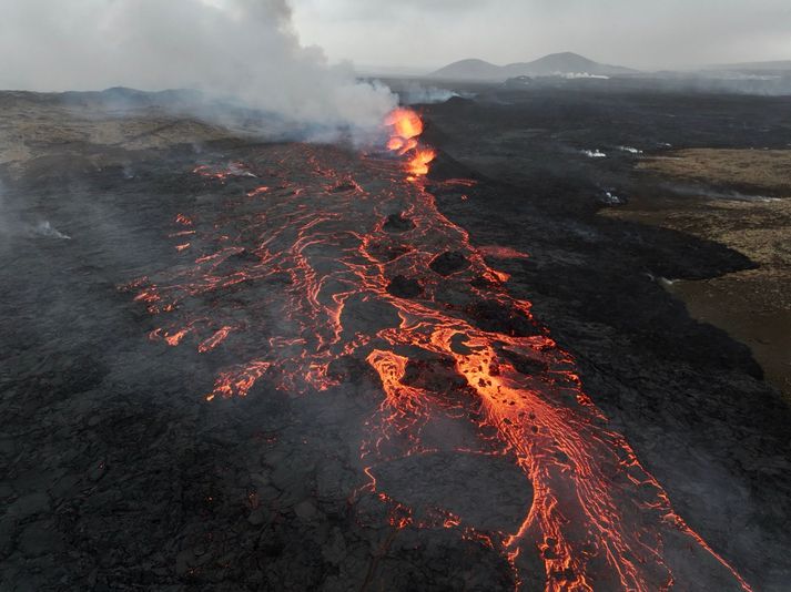 Drónamynd af gosstöðvunum tekin í morgun. 