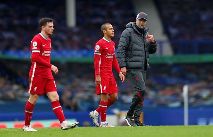 Thiago, Klopp og Robertson eftir jafnteflið í Guttagarði.