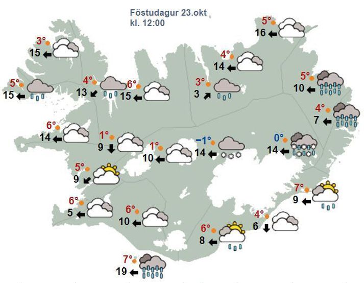 Spákort fyrir hádegið eins og það leit út í morgun.