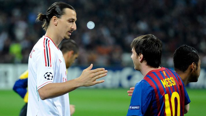 Zlatan Ibrahimovic og Lionel Messi eftir fyrri leikinn.
