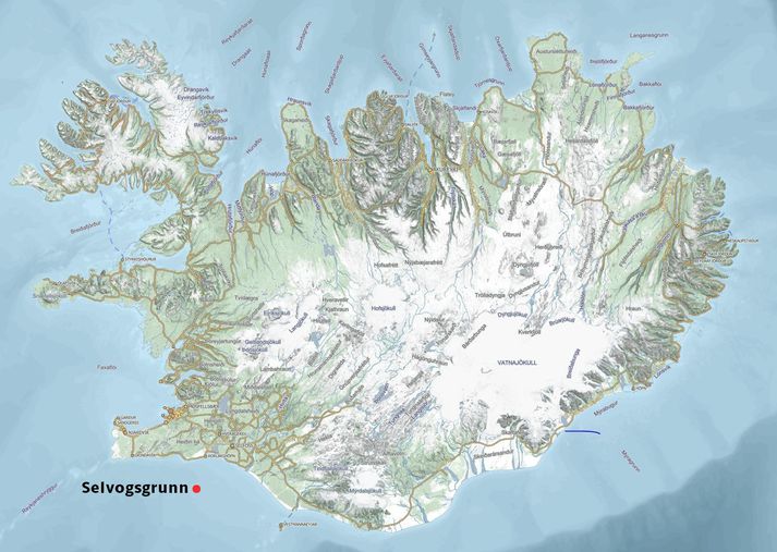 Handleggurinn kom í veiðarfæri báts á Selvogsgrunni í maí 2017. Selvogsgrunn er merkt með rauðum punkti á korti.