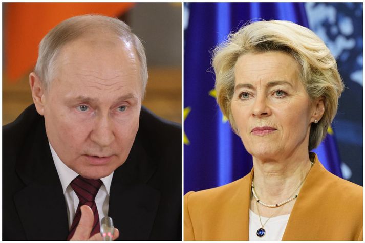 Vladímír Pútín Rússlandsforseti og Ursula von der Leyen forseti framkvæmdastjórnar ESB.