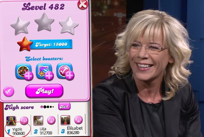 Vigdís Hauksdóttir spilar Candy Crush, eins og sjá má.