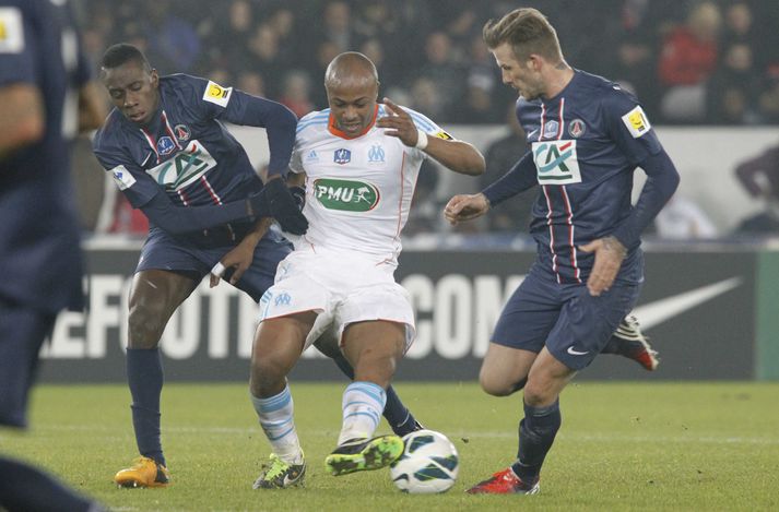 Blaise Matuidi og David Beckham í baráttu við André Ayew í leik Paris Saint-Germain og Marseille í frönsku úrvalsdeildinni 2013.