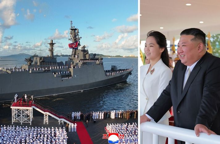 Kim Jong Un og Ju Ae, dóttir hans, virtu fyrir sér nýjasta herskip þeirra í dag. Skipið getur borið kjarnorkuvopn.