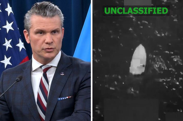 Pete Hegseth, varnarmálaráðherra Bandaríkjanna, og skjáskot úr myndbandi hersins sem sýnir bátinn fljóta kyrrstæðan rétt áður en hann var sprengdur í loft upp.