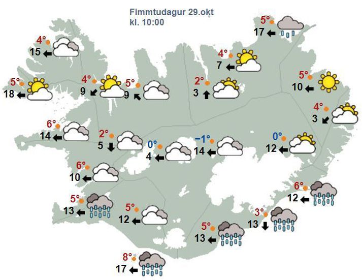 Spákortið fyrir klukkan 10, eins og það leit út í morgun. Blautt og vindasamt er á suðurhelmingi landsins.