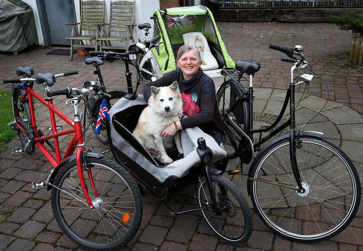 Hjólafærni hefur um árabil unnið með alls konar hjól; tandem, rickshaw og cargo bike. Valið hefur verið að kalla þau einu nafni nytjahjól á íslensku. Snata hennar Sesselju finnst best að vera í kassanum á svarta hjólinu. 