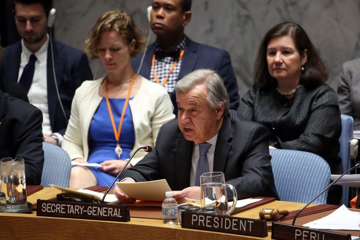 Antonio Guterres, framkvæmdastjóri Sameinuðu þjóðanna, á fundi öryggisráðsins í dag.