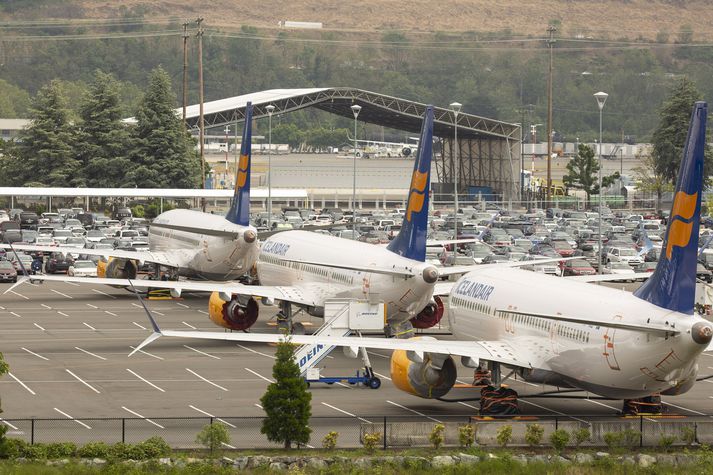 Þrjár af þeim 737-MAX vélum sem Icelandair átti að fá frá Boeing hafa meðal annars verið geymdar á þessu bílastæði í grennd við verksmiðju Boeing við Seattle í Bandaríkjunum.