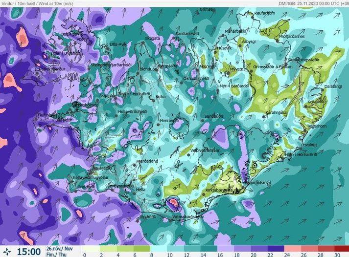 Það verður mjög hvasst á stórum hluta landsins í kvöld og nánast allan daginn á morgun. Þá mun víða ganga á með dimmum éljum.