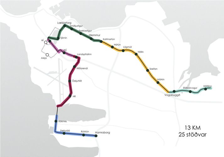 Á þessari mynd má sjá fyrstu 25 stöðvarnar sem verða teknar í notkun í fyrsta áfanga Borgarlínu árið 2023.