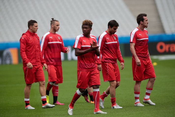 David Alaba á æfingu á Stade de France í gær.