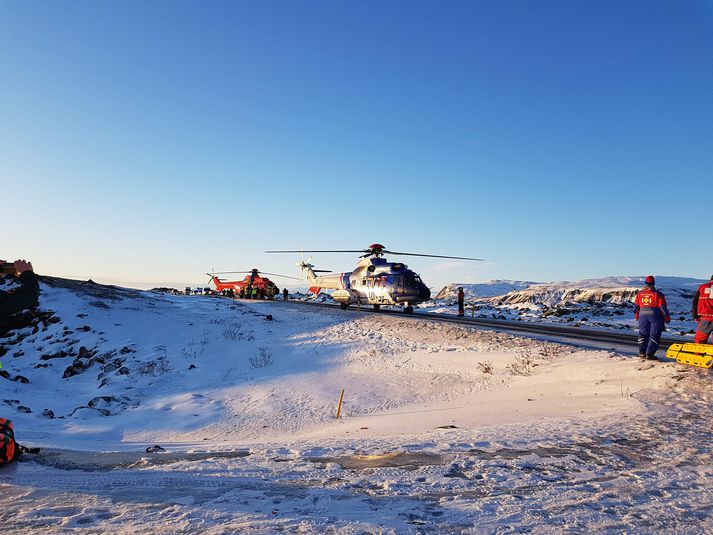 Alls þrjár þyrlur voru notaðar til að ferja slasaða af vettvangi í dag.