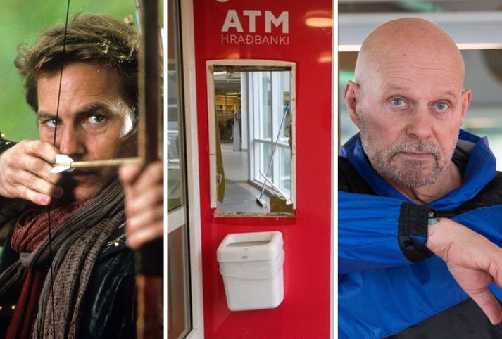 Kevin Costner sem Hrói Höttur og Bubbi Morthens. Á milli þeirra er veggur sem í vantar hraðbanka eftir stuld næturinnar.