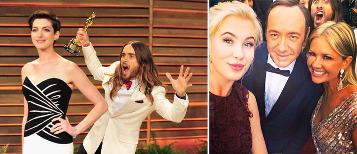 Óskarsverðlaunahafinn Jared Leto náði að sprella í bæði leikkonunni Anne Hathaway og fyrirsætunni Ireland Baldwin, leikaranum Kevin Spacey og sjónvarpskonunni Nancy O'Dell á rauða dreglinum á Óskarsverðlaunahátíðinni um helgina.