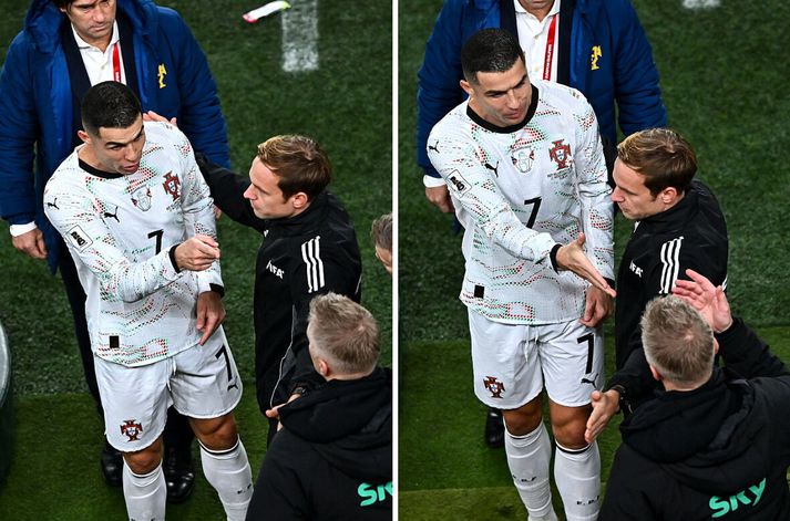 Cristiano Ronaldo gekk rakleitt til Heimis Hallgrímssonar eftir rauða spjaldið en endaði á að taka í spaðann á honum.