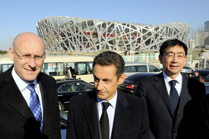 Laporte með Frakklandsforseta Nicolas Sarkozy og Hu Jintao, forseta Kína, fyrir utan Ólympíuleikvanginn í Peking.