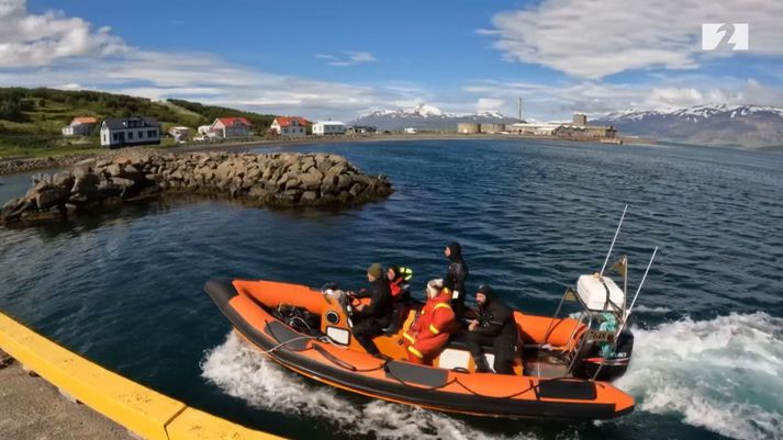 Vísindamennirnir sigla inn í höfnina á Hjalteyri eftir rannsóknarköfun niður að hverastrýtunum.