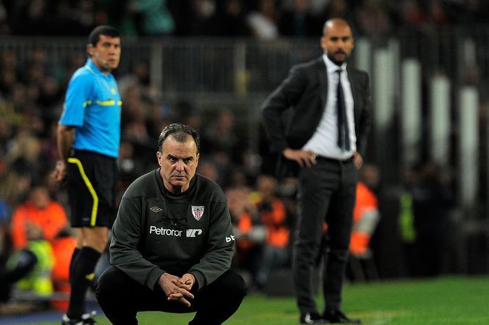 Bielsa og Pep á hliðarlínunni þegar þeir þjálfuðu á Spáni.