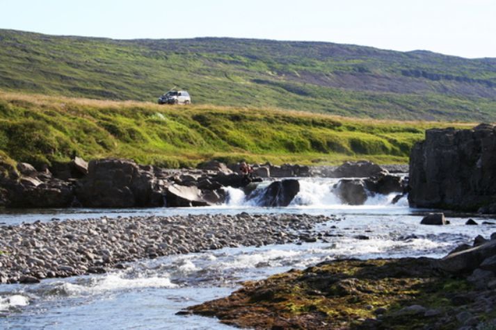 Fossinn gaf báða laxana fyrsta daginn en sólarglenna og hiti hamlar veiðum.