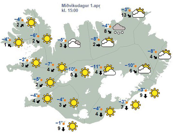 Svona lítur spákort Veðurstofu Íslands út fyrir miðvikudaginn.