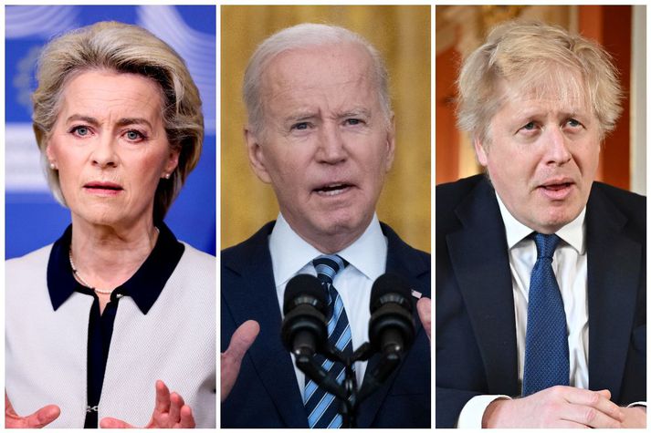 Ursula von der Leyen, forseti framkvæmdastjórnar Evrópusambandsins, Joe Biden Bandaríkjaforseti, og Boris Johnson, forsætisráðherra Bretlands, tilkynntu um refsiaðgerðir í dag.