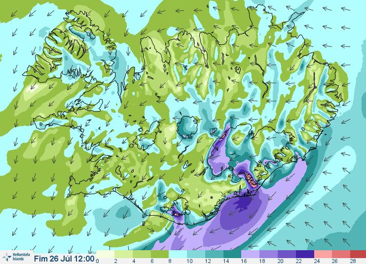 Eins og sjá má á þessu vindaspákorti morgundagsins verður veðrið ekki álitlegt suðaustanlands á morgun.