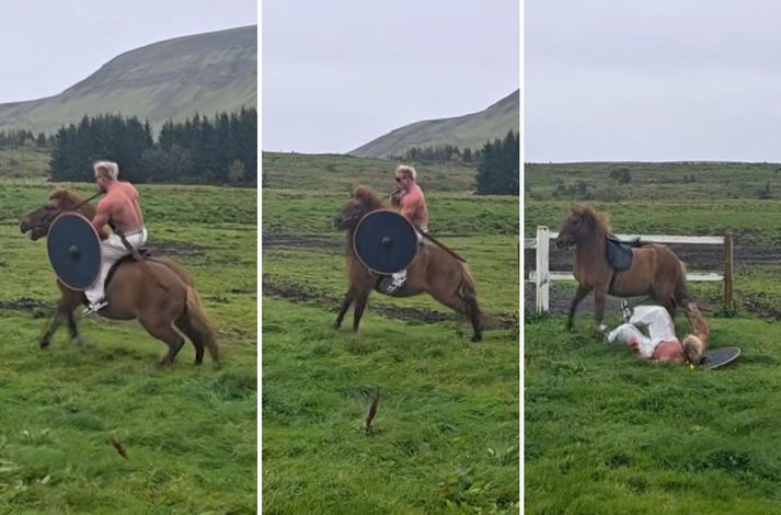 Í lok myndskeiðsins dettur Guðmundur af baki.