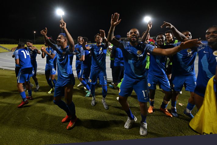 Leikmenn Curacao kalla sig Bláu fjölskylduna en hér fagna þeir einum af sigrum sínum í undankeppni HM.