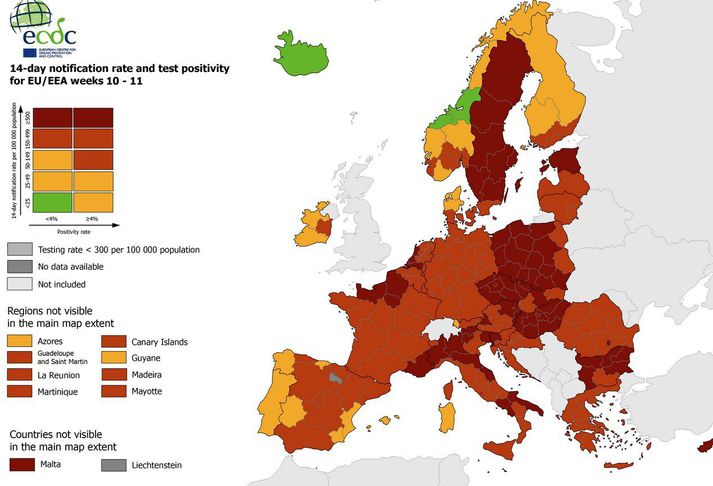 Eins og sjá má á kortinu er Ísland eina græna landið en tvö svæði í Noregi eru þó einnig græn.