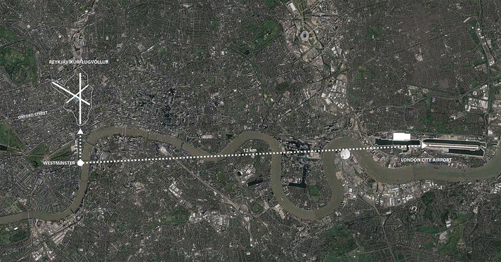 Á myndinni má sjá London City Airport sem staðsettur 12 km frá miðpunkti Lúndúna, Westminster. Þarna má einnig sjá hvar Reykjavíkurflugvöllur væri staðsettur í London miðað við 1,3 km frá miðpunkti.