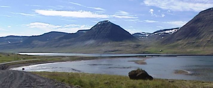 Séð að Dýrafjarðarbrú. Jarðgöngin verða grafin í gegnum fjallið handan brúar og yfir í Arnarfjörð.