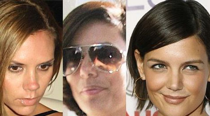 Eva Longoria og vinkonur hennar Victoria Beckham og Katie Holmes. SAMSETT MYND.