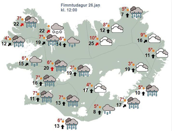 Staðan á hádegi í dag samkvæmt spá Veðurstofunnar.