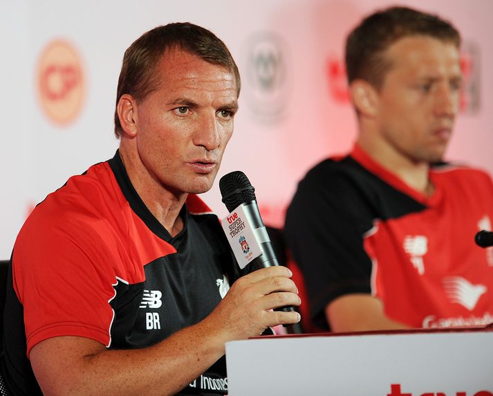 Brendan Rodgers á blaðamannafundinum í morgun.