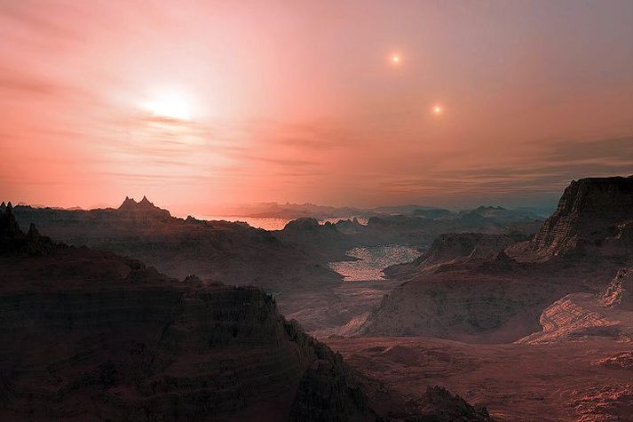 Svona gæti sólsetrið litið út á Gliese 667 Cc samkvæmt útlistun starfsmanna ESO. Mynd/ESO