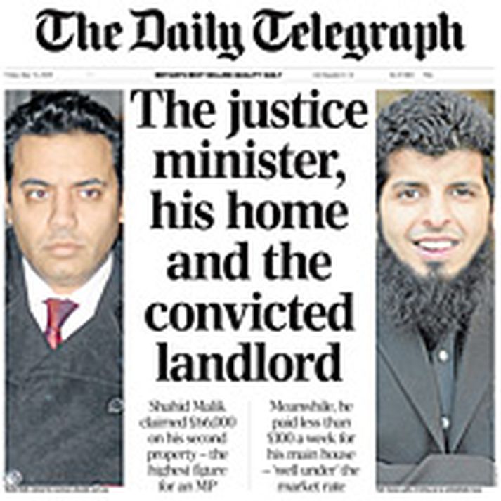 Forsíða Telegraph sem fjallar um málið. Hægra megin er leigusalinn sem Malik leigði hús af langt undir kostnaðarverði.