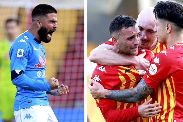 Lorenzo Insigne, til vinstri, og Roberto Insigne fagna hér mörkum sínum í leiknum í gær.