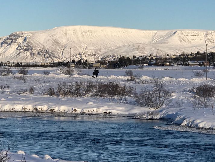 Úr Víðidal í Reykjavík í dag. Elliðaár í forgrunni.