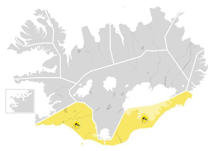 Viðvaranirnar á Suður- og Suðausturlandi eru í gildi frá klukkan níu til miðnættis.