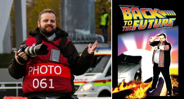 Hafliði að störfum fyrir vefsíðu sína en til hægri hefur hann brugðið sér í gervi Marty McFly. Á Facebook-síðu þúsundþjalasmiðsins Hafliða má finna myndaalbúm þar sem hann er hinar ýmsu fígúrúr úr kvikmyndasögunni. Sjá að neðan.