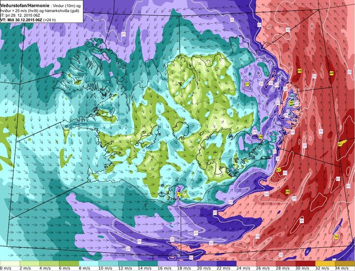 Spá fyrir meðalvindhraða kl. 06 miðvikudaginn 30. desember. Rauðir, gulbrúnir og bleikir litir tákna hættulegasta vindinn. Vindaspá þessi er reiknuð af Veðurstofu Íslands með Harmonie veðurlíkaninu.