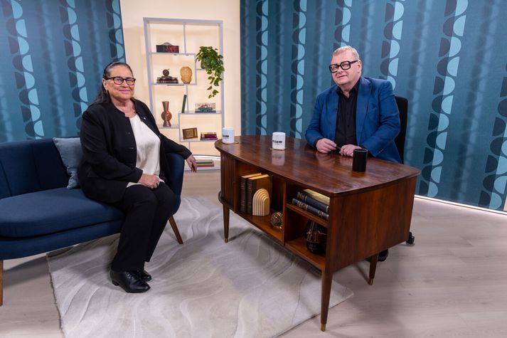 Heimir Már ásamt Ingu Sæland formanni Flokks fólksins þegar hann tók viðtal við hana í Samtalinu með Heimi Má, þætti sínum á Stöð 2. 