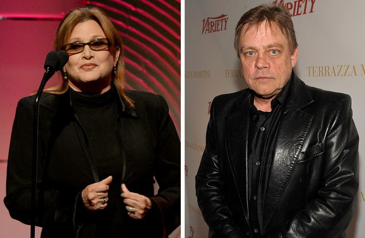 Carrie Fisher (t.v.) er 56 ára og Mark Hamill er 61 árs.