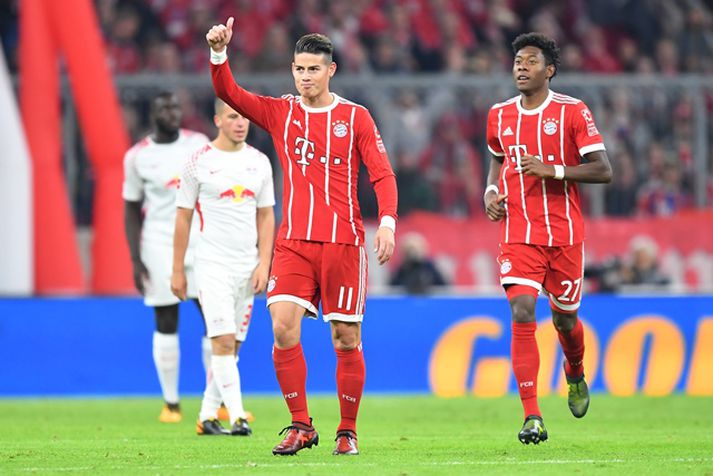 James Rodríguez skoraði sitt fyrsta mark fyrir Bayern í sigrinum á Leipzig.
