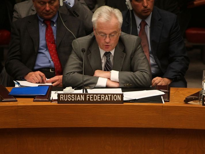 Vitaly Churkin, sendiherra, á fundi öryggisráðsins fyrr í kvöld. MYND/AFP